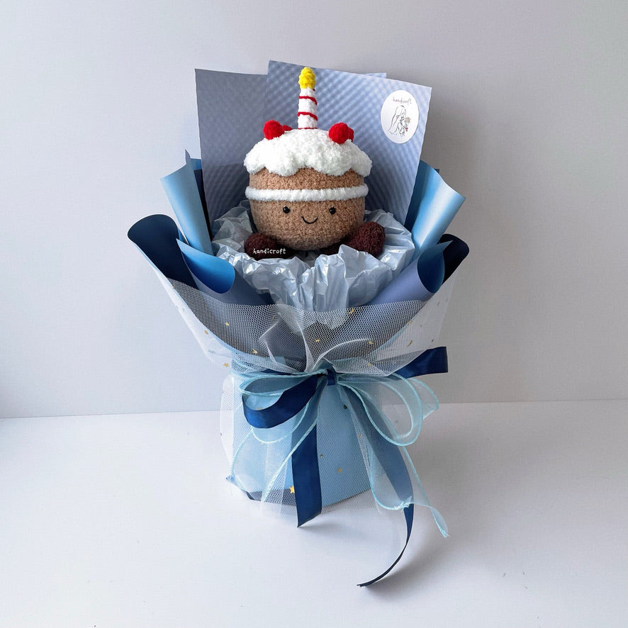 handicroft handmade crochet jellycat inspired cake flower bouquet blue