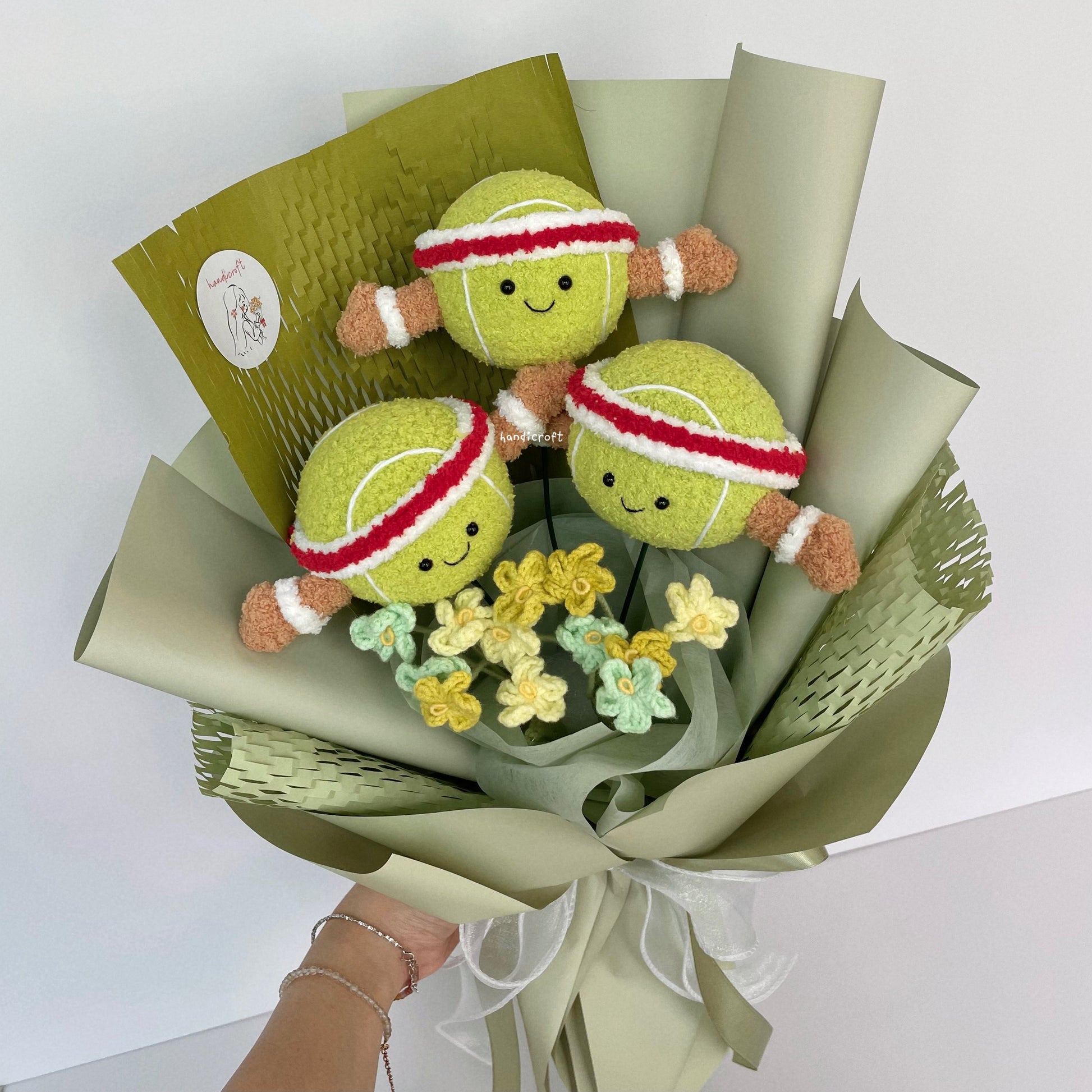 handicroft handmade crochet jellycat inspired tennis ball green flower bouquet game, set, bloom