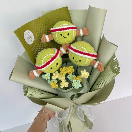 handicroft handmade crochet jellycat inspired tennis ball green flower bouquet game, set, bloom