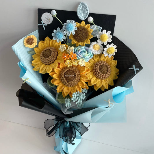 handicroft handmade crochet jumbo sunflower bouquet golden trio blue