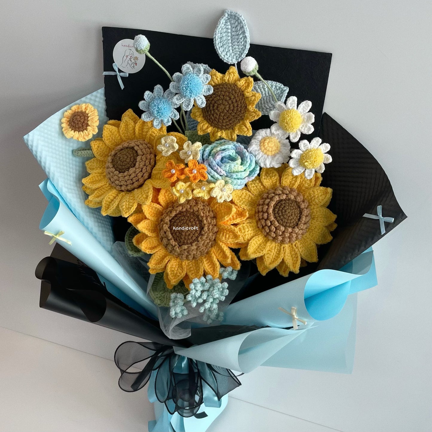 handicroft handmade crochet jumbo sunflower bouquet golden trio blue