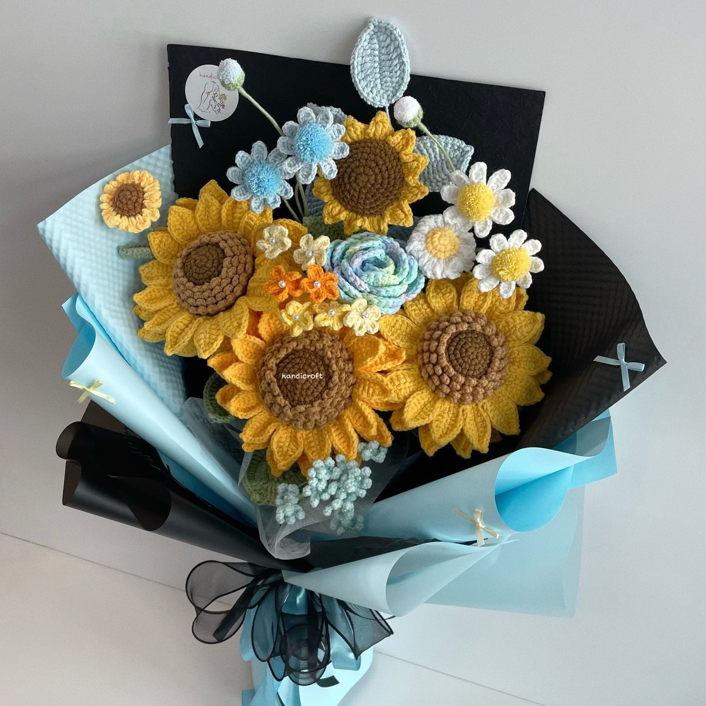handicroft handmade crochet jumbo sunflower bouquet golden trio blue