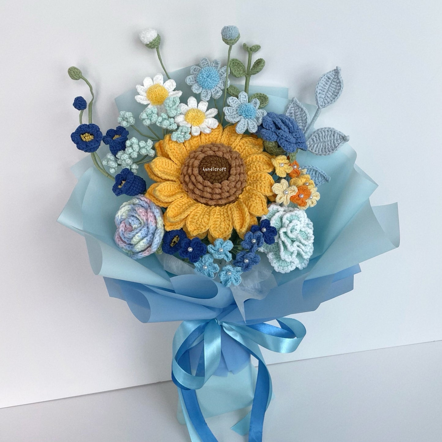 handicroft handmade crochet jumbo sunflower flower bouquet love at golden hour blue colour theme