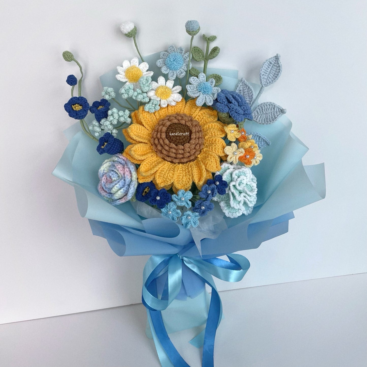 handicroft handmade crochet jumbo sunflower flower bouquet love at golden hour blue colour theme