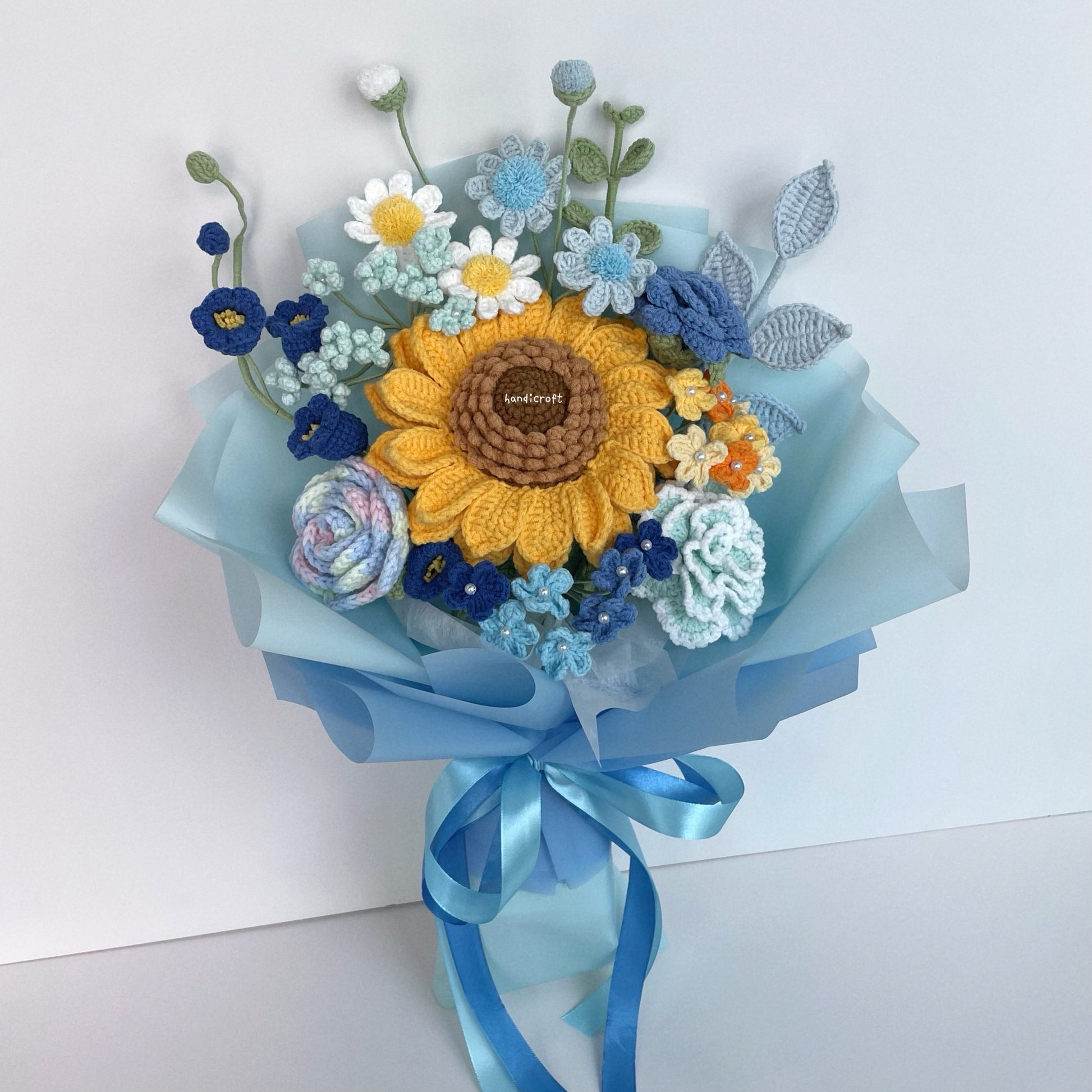 handicroft handmade crochet jumbo sunflower flower bouquet love at golden hour blue colour theme