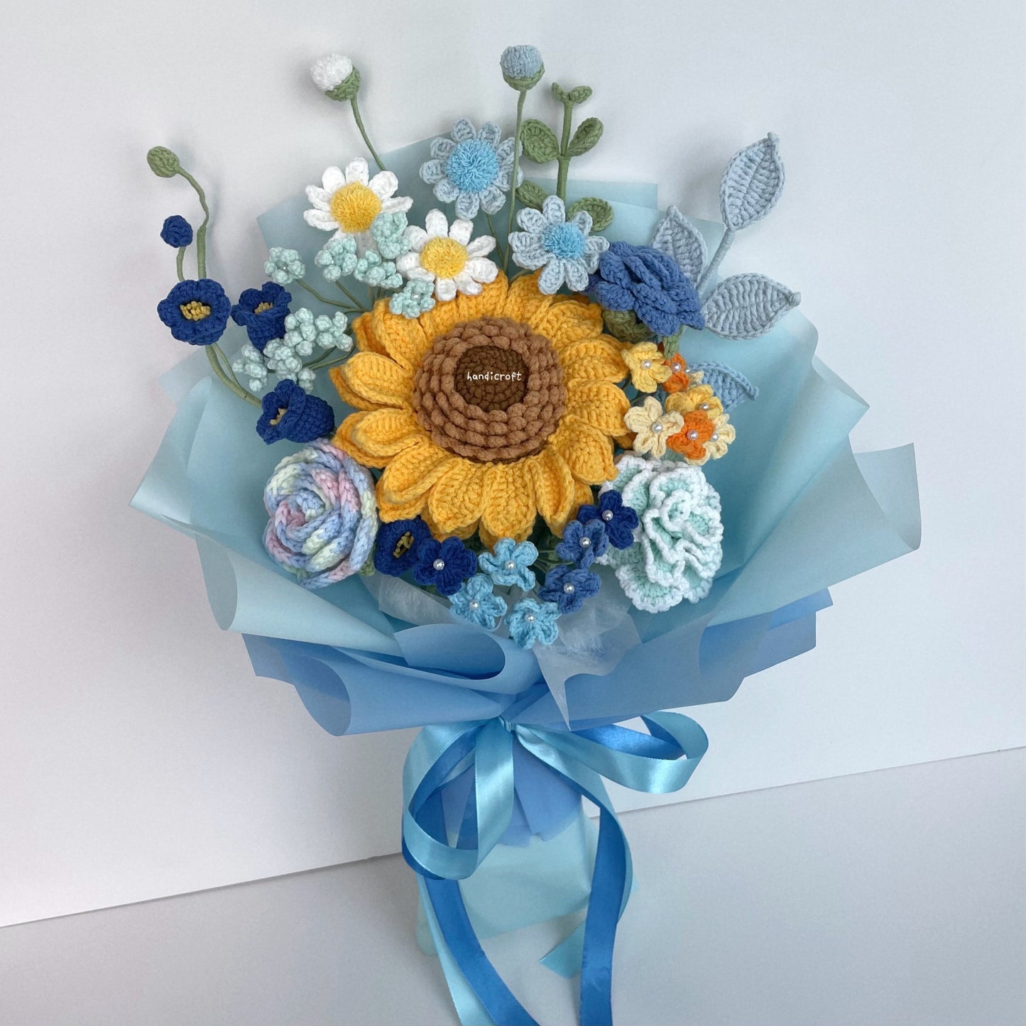 handicroft handmade crochet jumbo sunflower flower bouquet love at golden hour blue colour theme