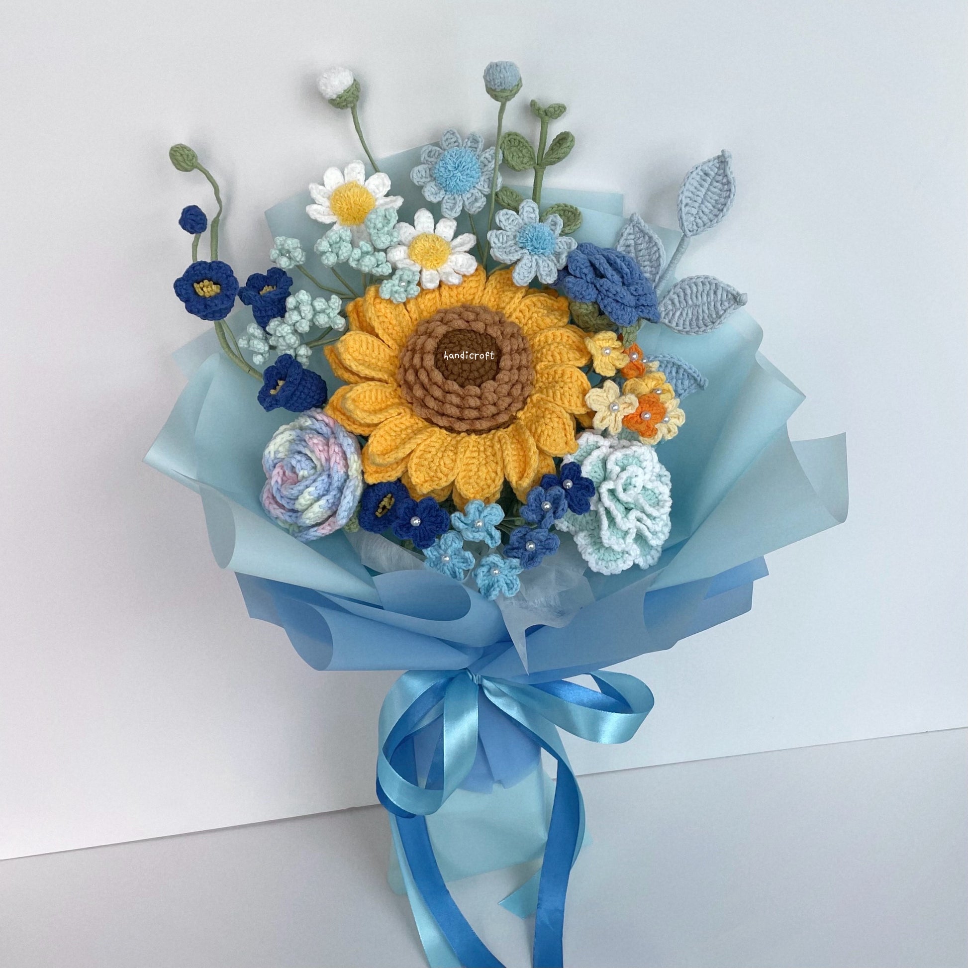 handicroft handmade crochet jumbo sunflower flower bouquet love at golden hour blue colour theme