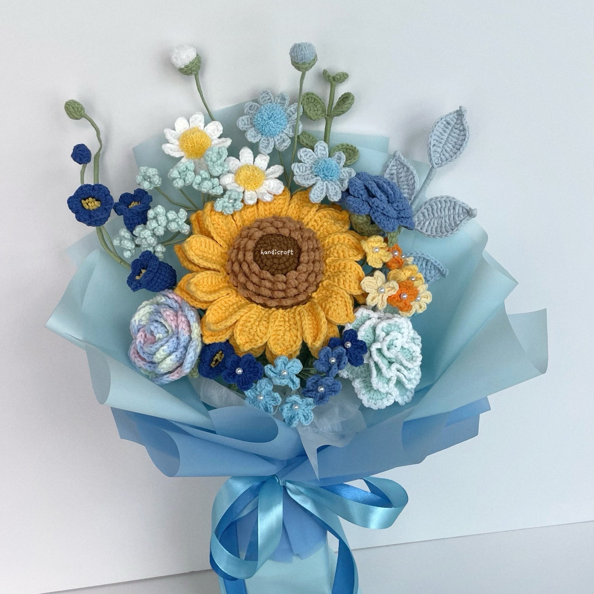handicroft handmade crochet jumbo sunflower flower bouquet love at golden hour blue colour theme