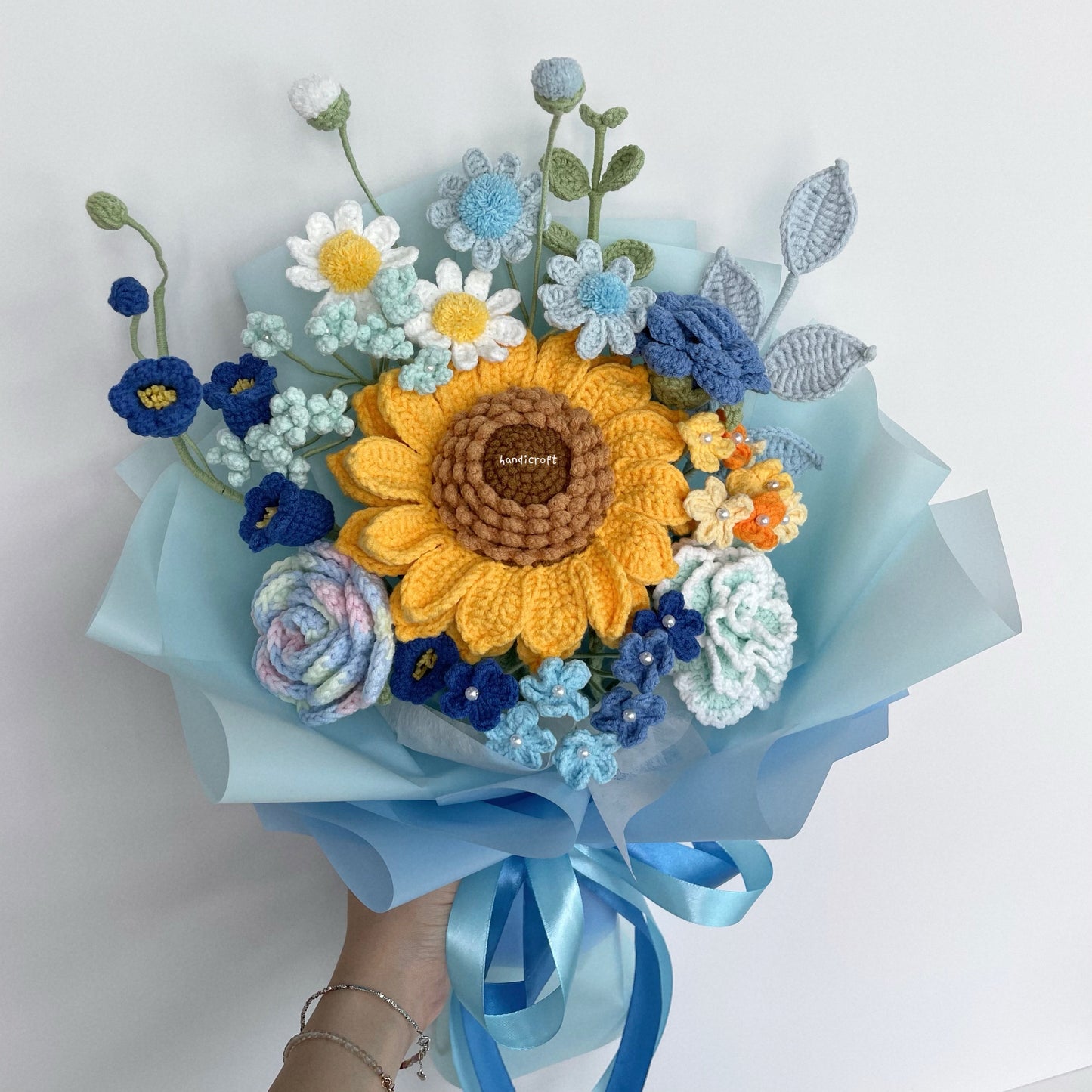 handicroft handmade crochet jumbo sunflower flower bouquet love at golden hour blue colour theme