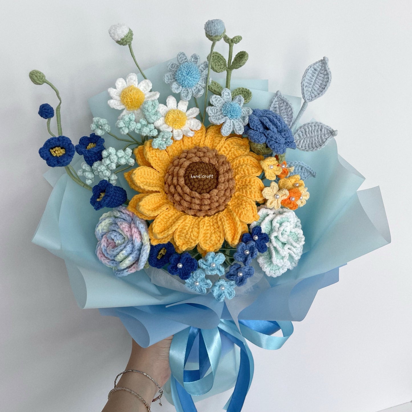 handicroft handmade crochet jumbo sunflower flower bouquet love at golden hour blue colour theme