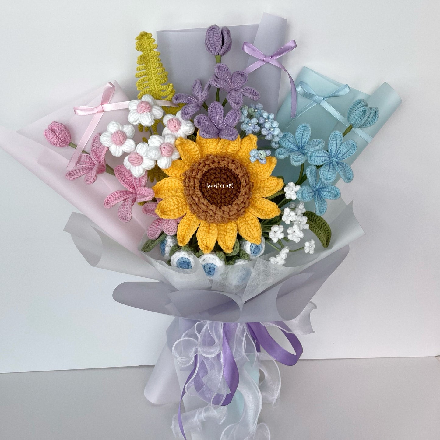 handicroft handmade crochet jumbo sunflower pastel pink purple blue flower bouquet pastel sunshine