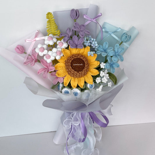 handicroft handmade crochet jumbo sunflower pastel pink purple blue flower bouquet pastel sunshine