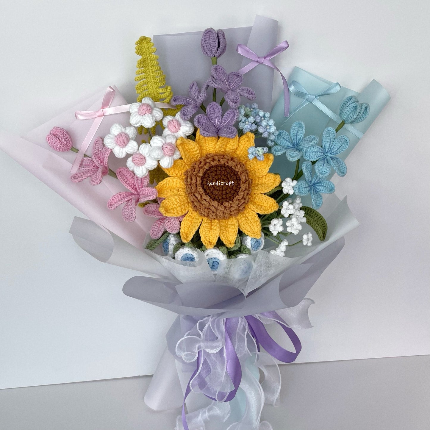 handicroft handmade crochet jumbo sunflower pastel pink purple blue flower bouquet pastel sunshine