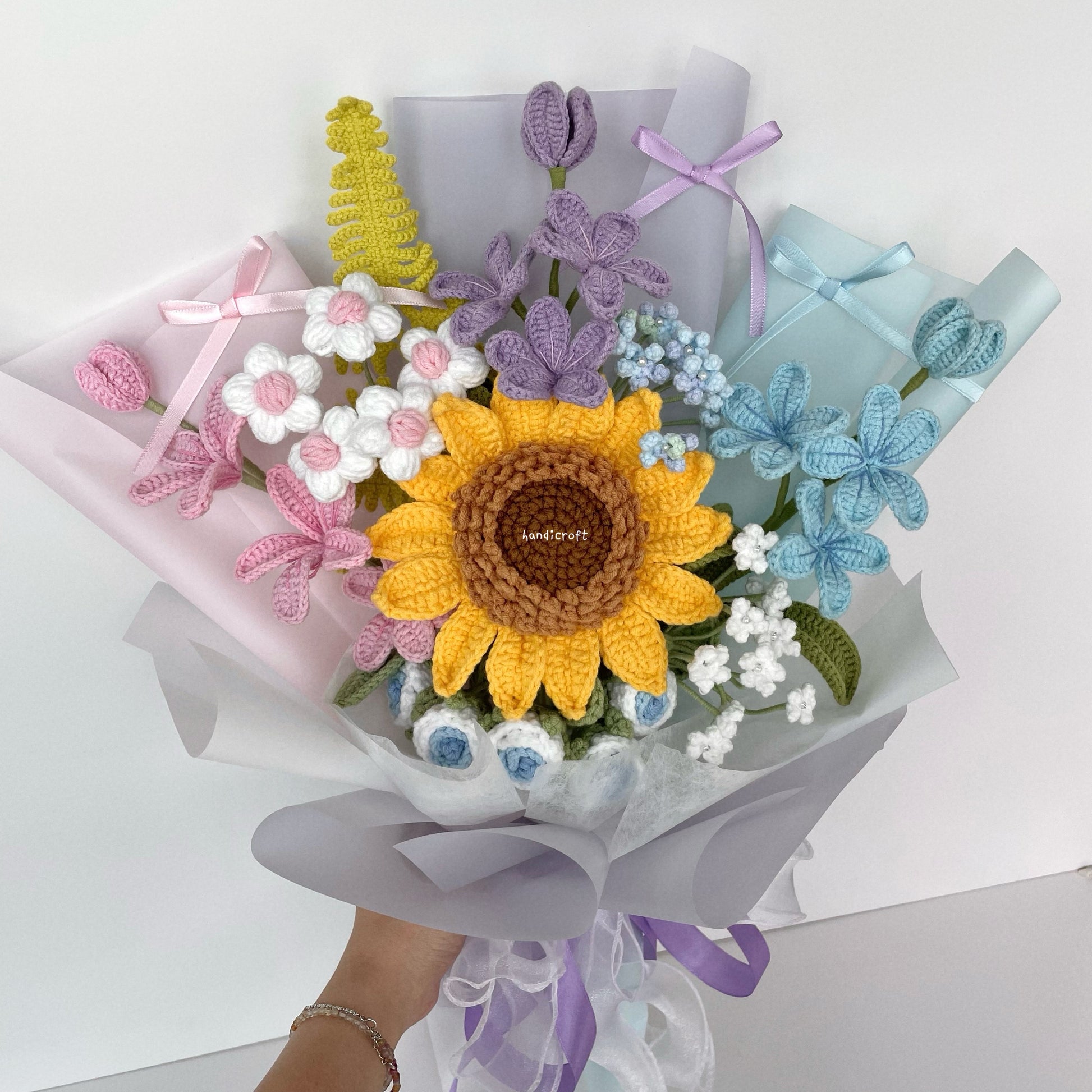 handicroft handmade crochet jumbo sunflower pastel pink purple blue flower bouquet pastel sunshine