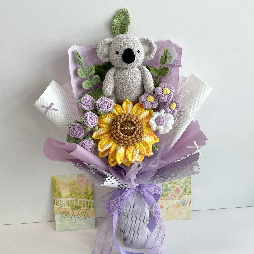 handicroft handmade crochet koala animal sunflower flower bouquet sunny koala cuddles purple