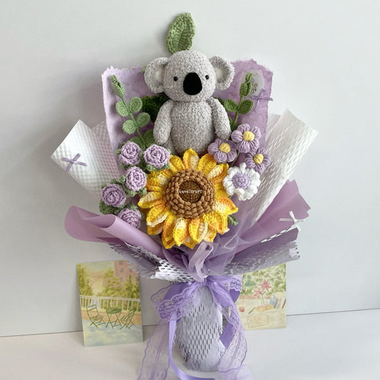 handicroft handmade crochet koala animal sunflower flower bouquet sunny koala cuddles purple