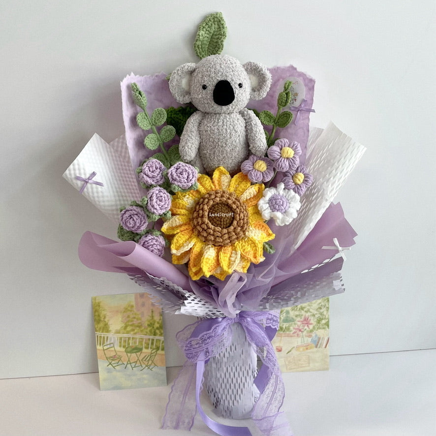 handicroft handmade crochet koala animal sunflower flower bouquet sunny koala cuddles purple