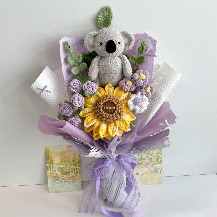 handicroft handmade crochet koala animal sunflower flower bouquet sunny koala cuddles purple