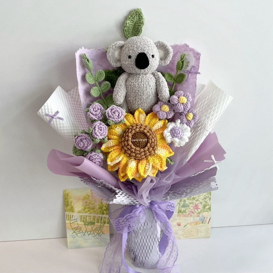 handicroft handmade crochet koala animal sunflower flower bouquet sunny koala cuddles purple