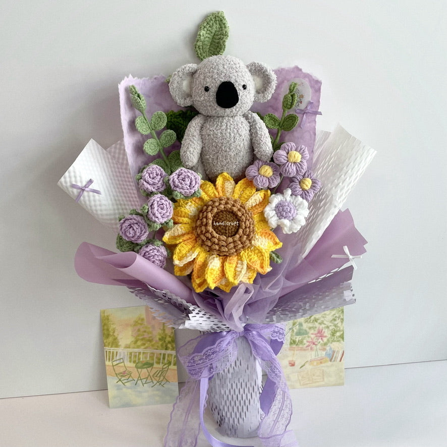 handicroft handmade crochet koala animal sunflower flower bouquet sunny koala cuddles purple