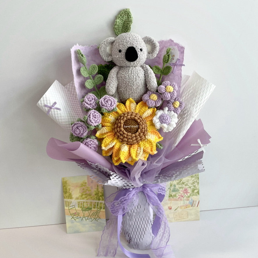 handicroft handmade crochet koala animal sunflower flower bouquet sunny koala cuddles purple
