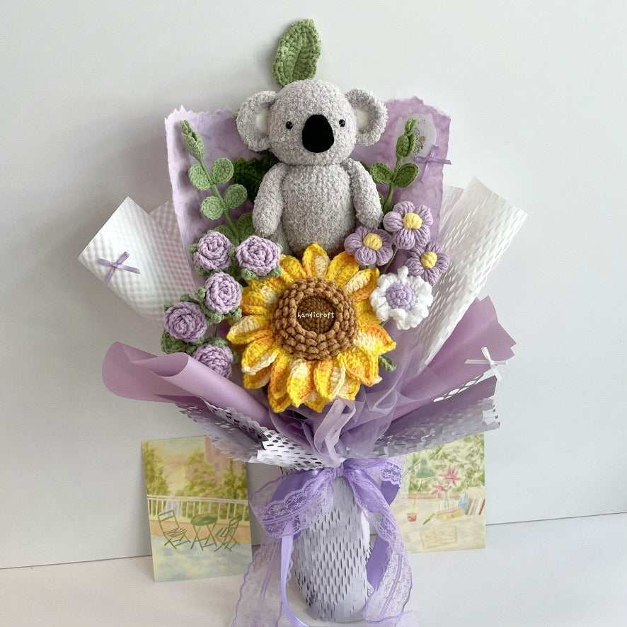 handicroft handmade crochet koala animal sunflower flower bouquet sunny koala cuddles purple