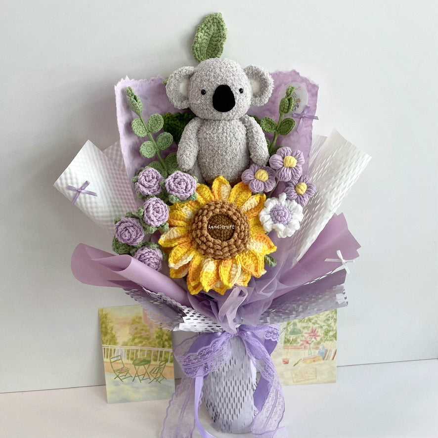 handicroft handmade crochet koala animal sunflower flower bouquet sunny koala cuddles purple