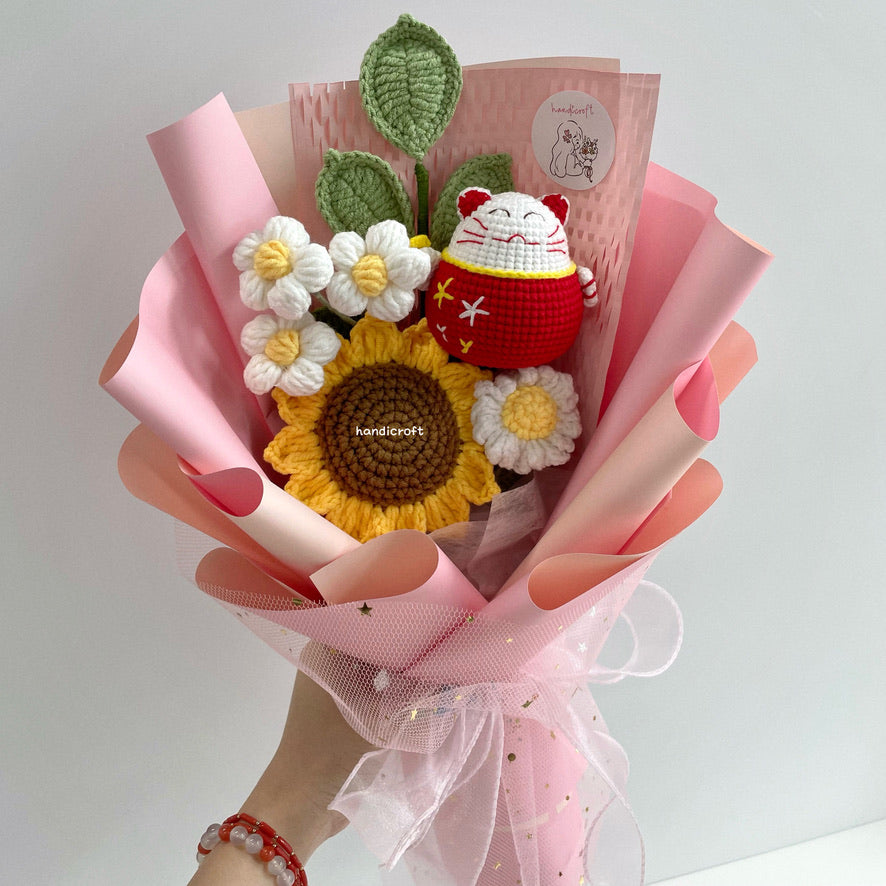handicroft handmade crochet maneki-neko sunflower bouquet sunshine & fortune pink