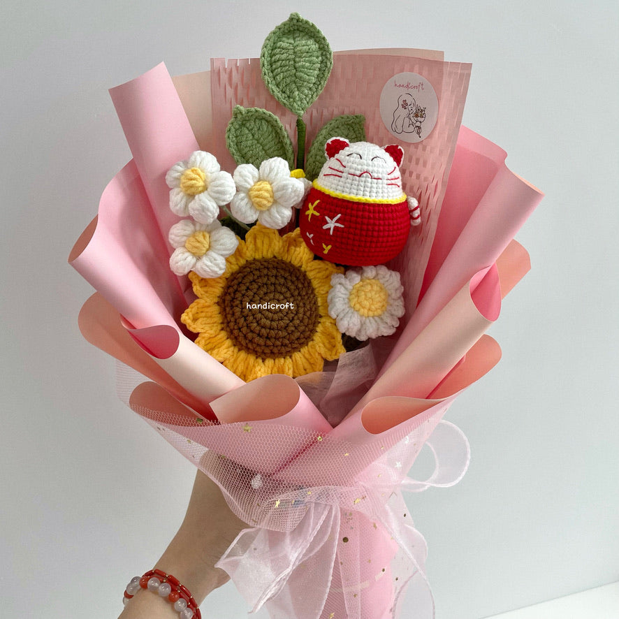 handicroft handmade crochet maneki-neko sunflower bouquet sunshine & fortune pink