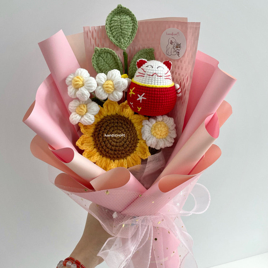 handicroft handmade crochet maneki-neko sunflower bouquet sunshine & fortune pink