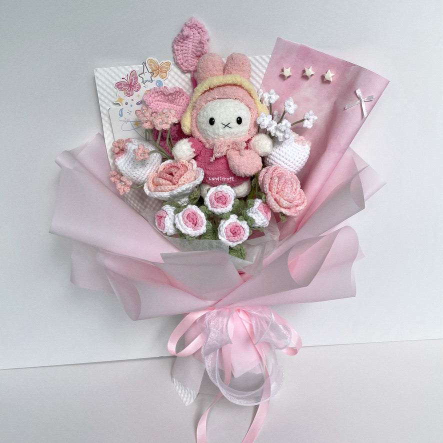 handicroft handmade crochet miffy pastel pink and white flower bouquet miffy's blush garden A