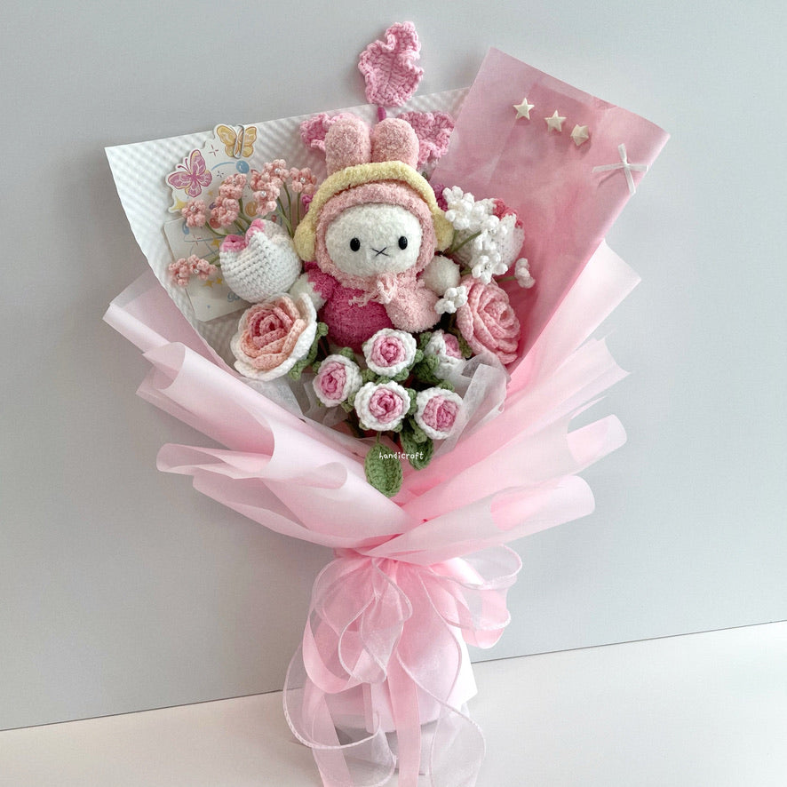 handicroft handmade crochet miffy pastel pink and white flower bouquet miffy's blush garden A