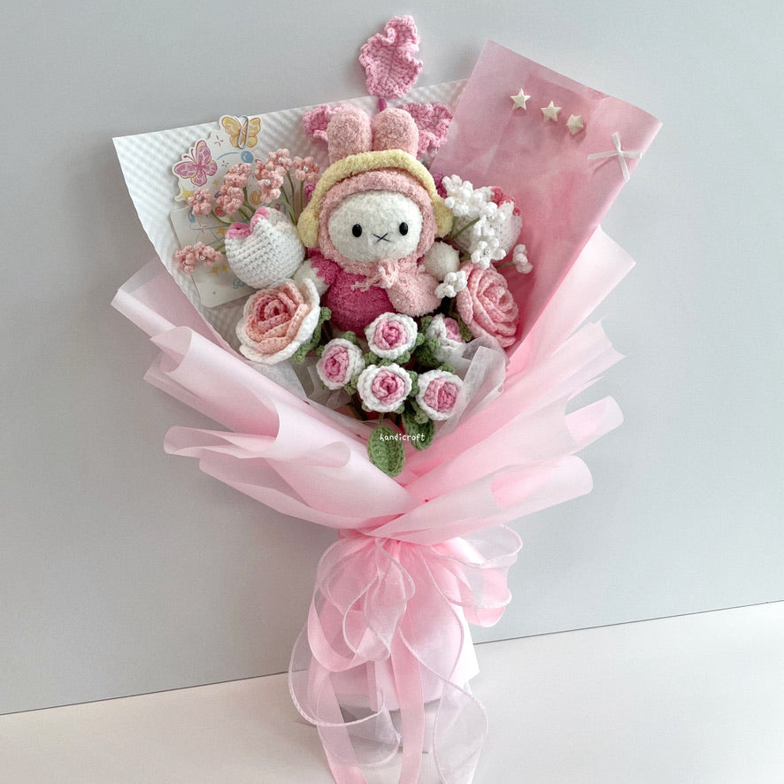 handicroft handmade crochet miffy pastel pink and white flower bouquet miffy's blush garden A