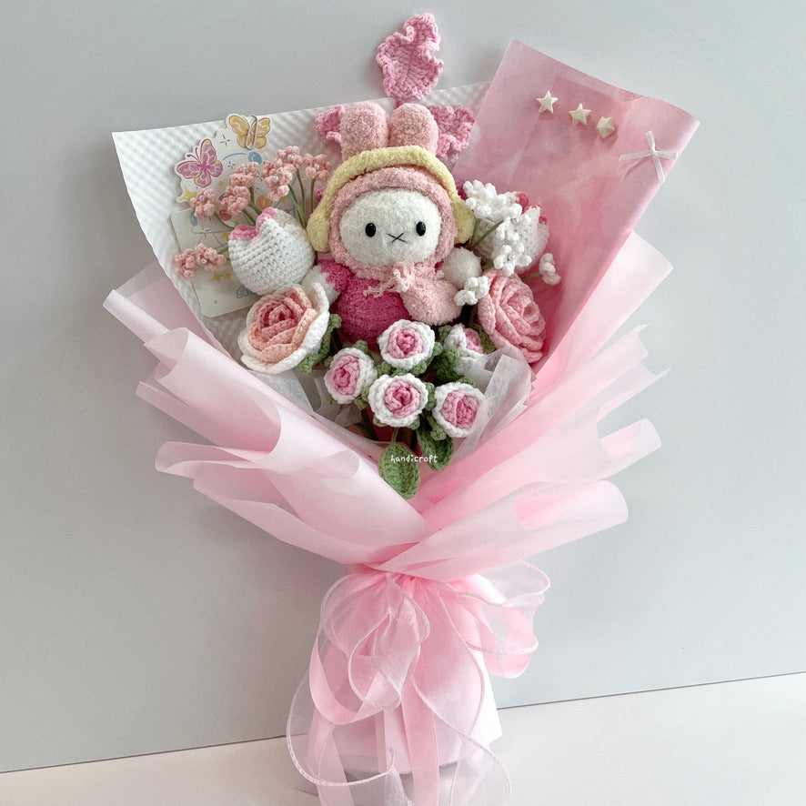 handicroft handmade crochet miffy pastel pink and white flower bouquet miffy's blush garden A
