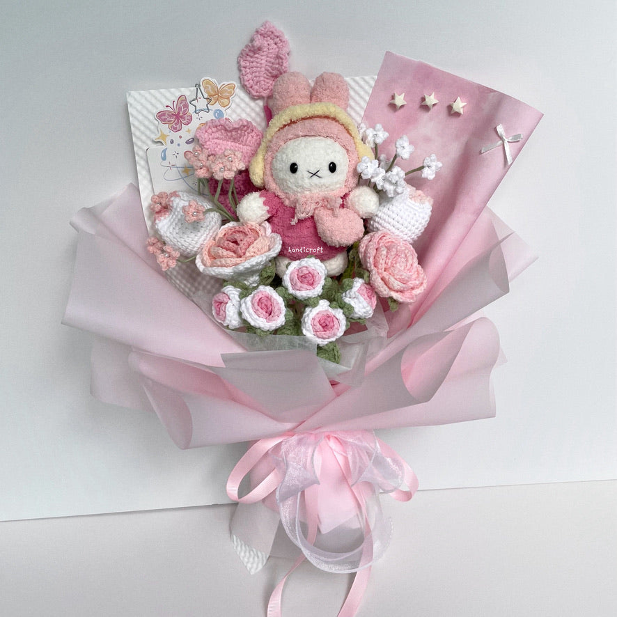 handicroft handmade crochet miffy pastel pink and white flower bouquet miffy's blush garden A
