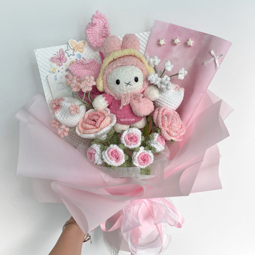 handicroft handmade crochet miffy pastel pink and white flower bouquet miffy's blush garden A