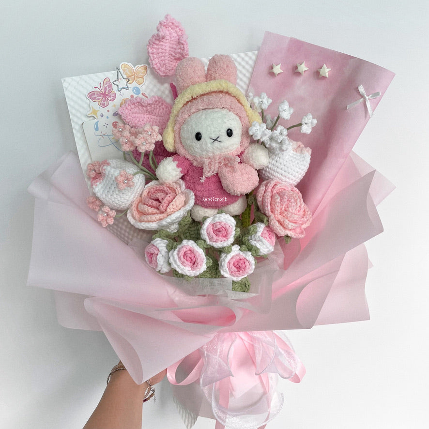 handicroft handmade crochet miffy pastel pink and white flower bouquet miffy's blush garden A