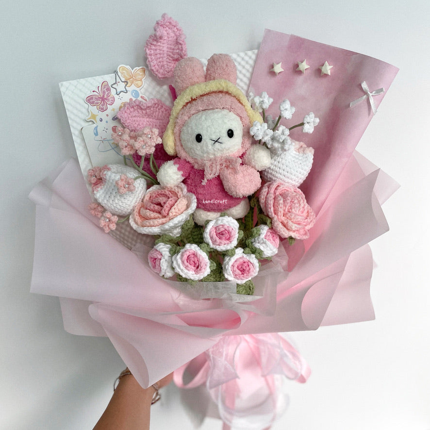 handicroft handmade crochet miffy pastel pink and white flower bouquet miffy's blush garden A