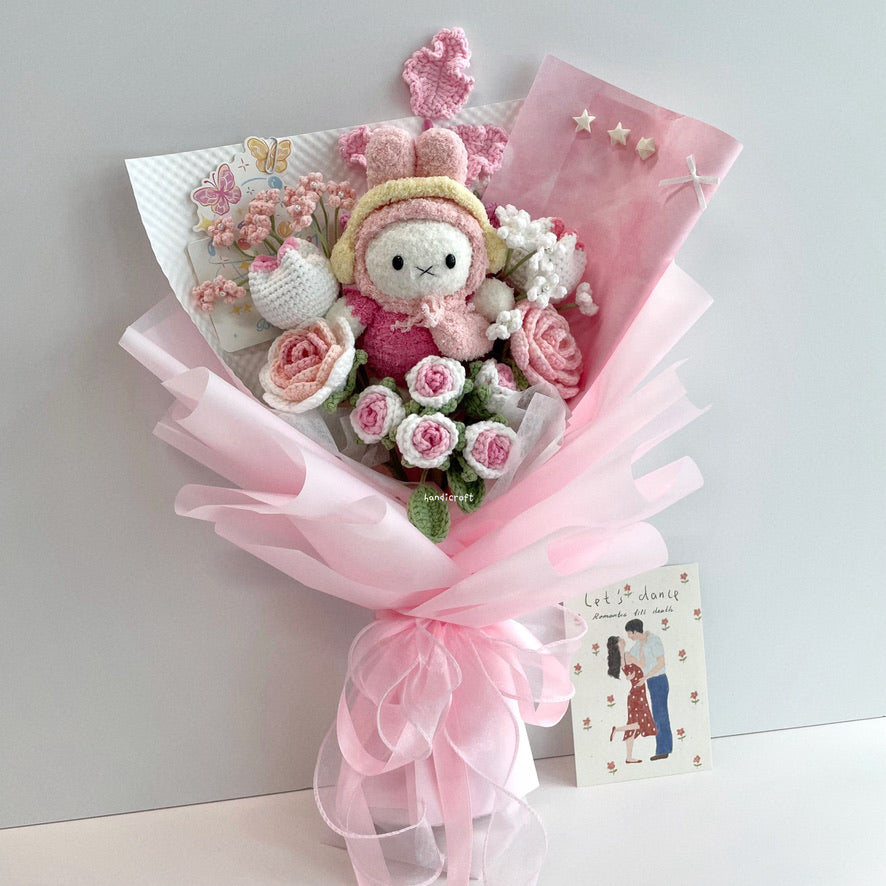 handicroft handmade crochet miffy pastel pink and white flower bouquet miffy's blush garden A