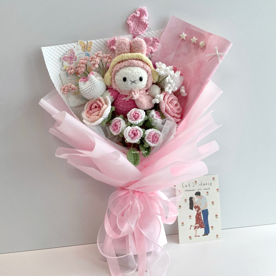 handicroft handmade crochet miffy pastel pink and white flower bouquet miffy's blush garden A