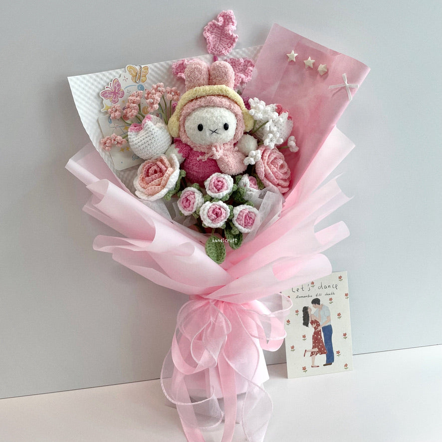 handicroft handmade crochet miffy pastel pink and white flower bouquet miffy's blush garden A