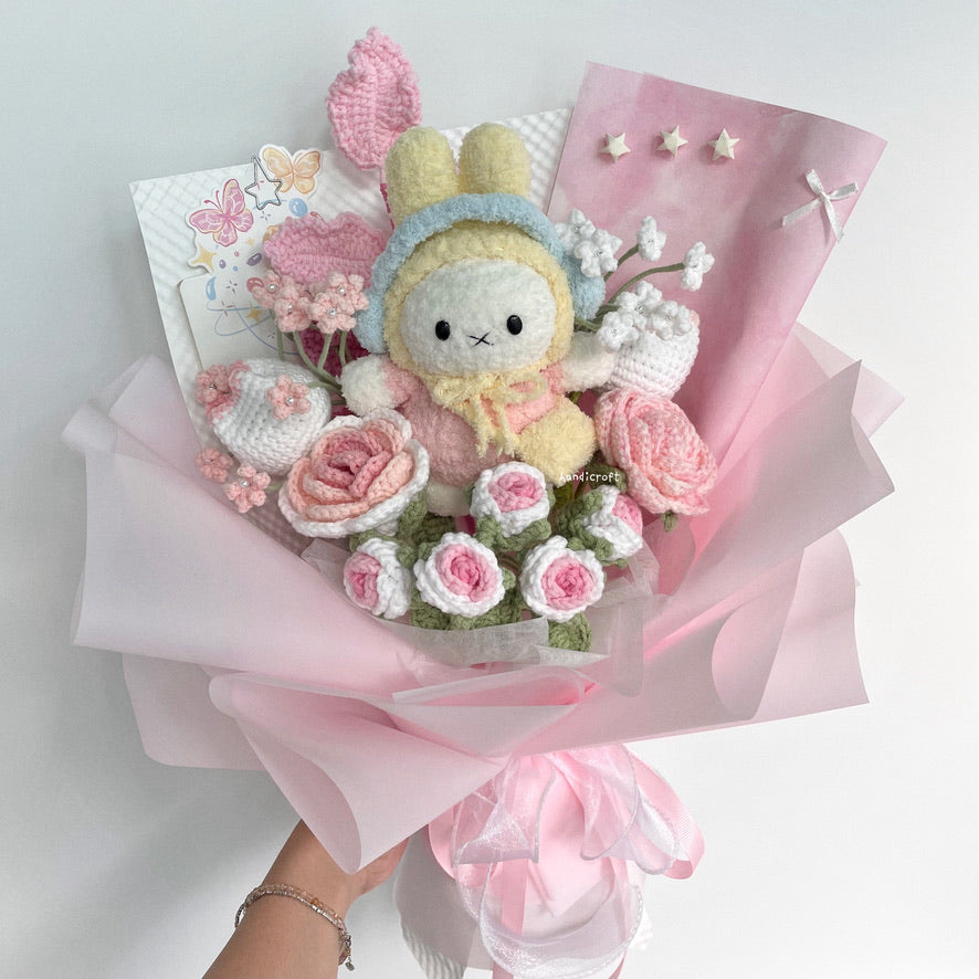 handicroft handmade crochet miffy pastel pink and white flower bouquet miffy's blush garden B