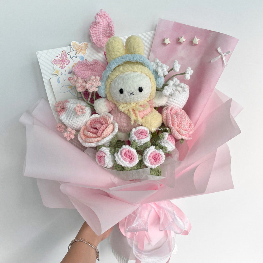 handicroft handmade crochet miffy pastel pink and white flower bouquet miffy's blush garden B