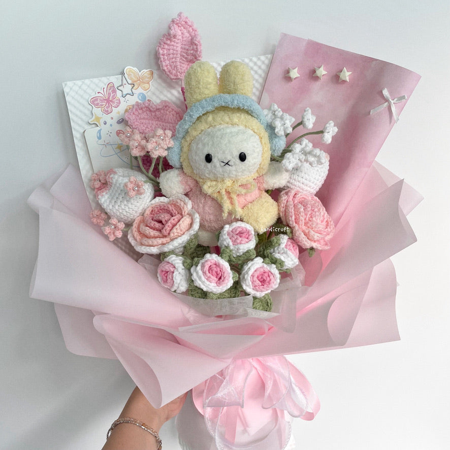 handicroft handmade crochet miffy pastel pink and white flower bouquet miffy's blush garden B