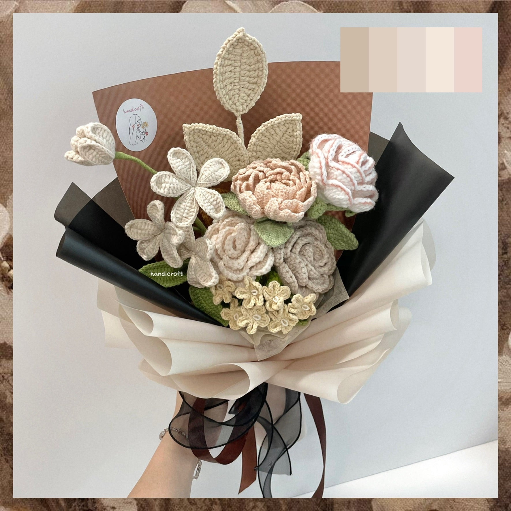 handicroft handmade crochet milk tea beige almond flower bouquet classic milk tea