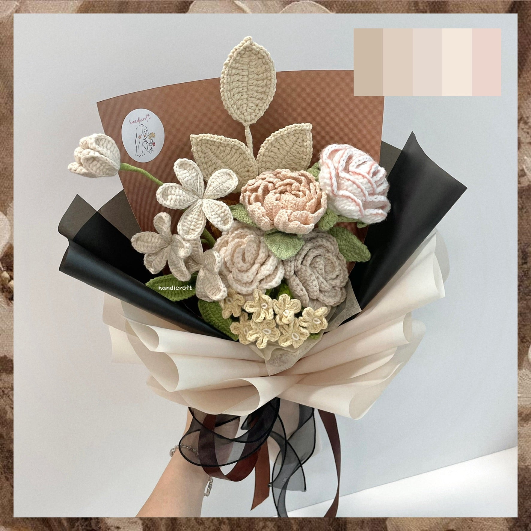 handicroft handmade crochet milk tea beige almond flower bouquet classic milk tea