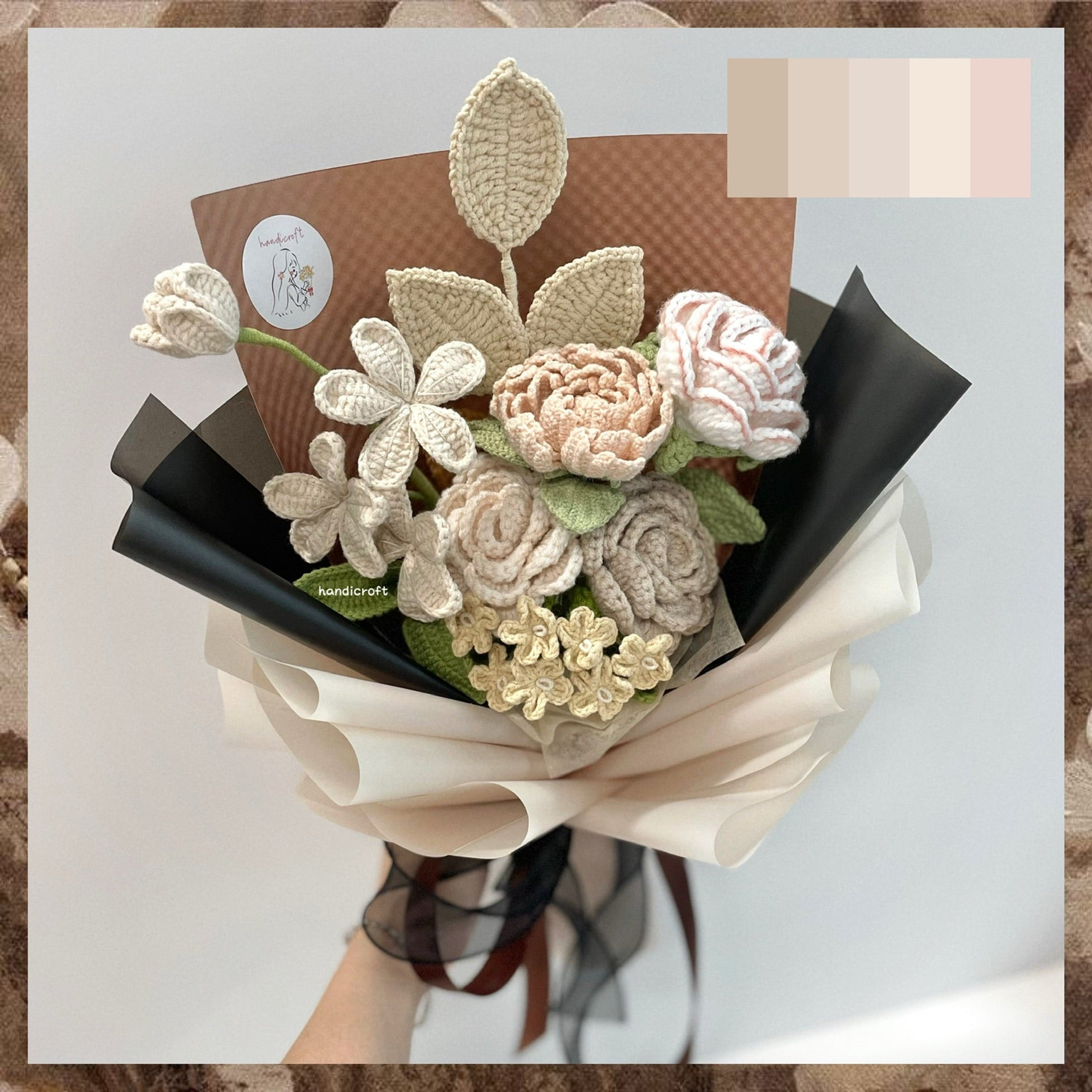 handicroft handmade crochet milk tea beige almond flower bouquet classic milk tea