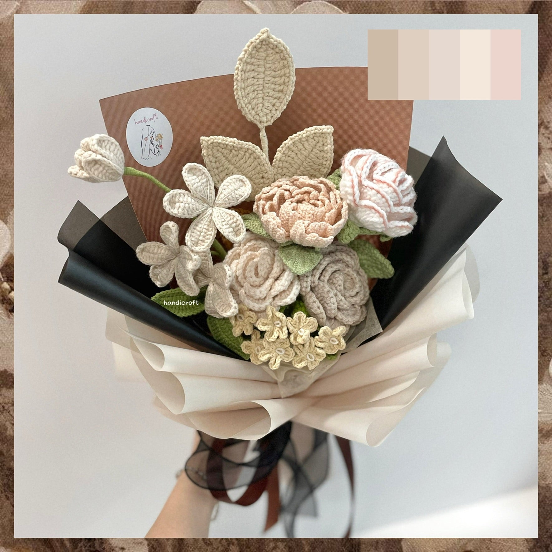 handicroft handmade crochet milk tea beige almond flower bouquet classic milk tea