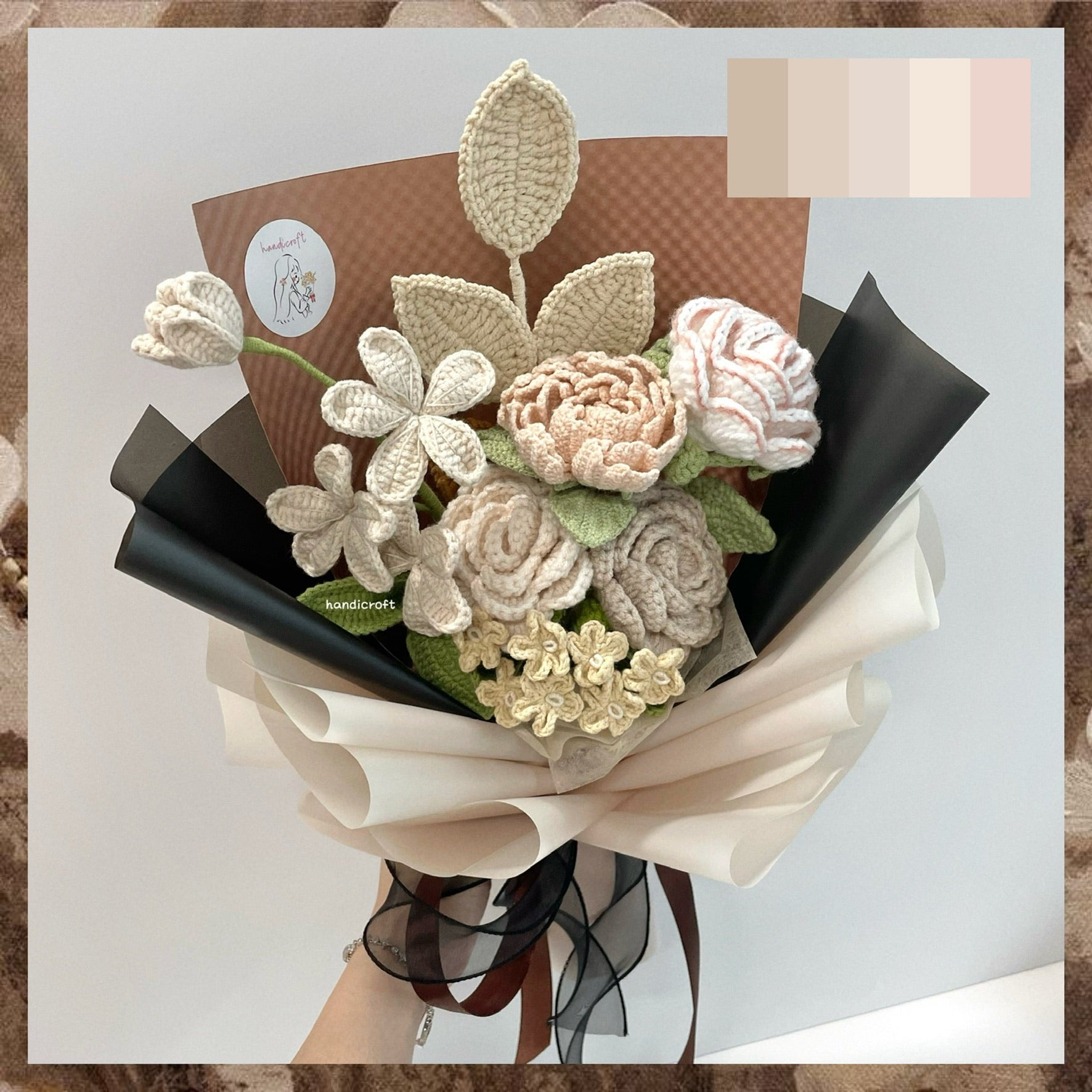 handicroft handmade crochet milk tea beige almond flower bouquet classic milk tea