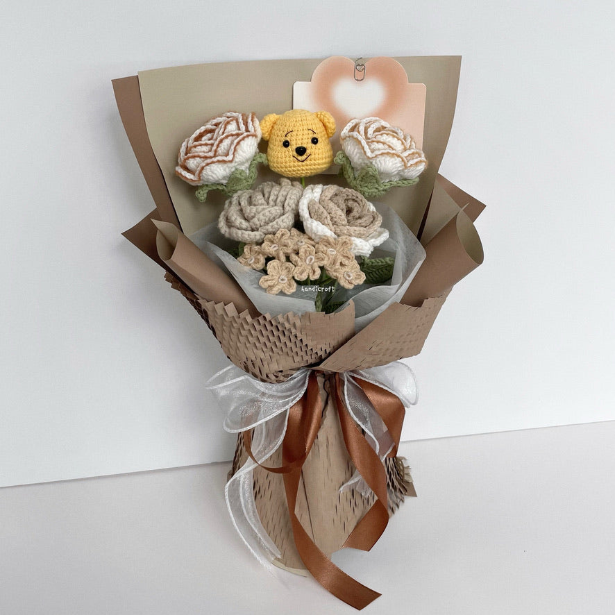 handicroft handmade crochet milk tea winnie the pooh flower bouquet pooh's honey latte